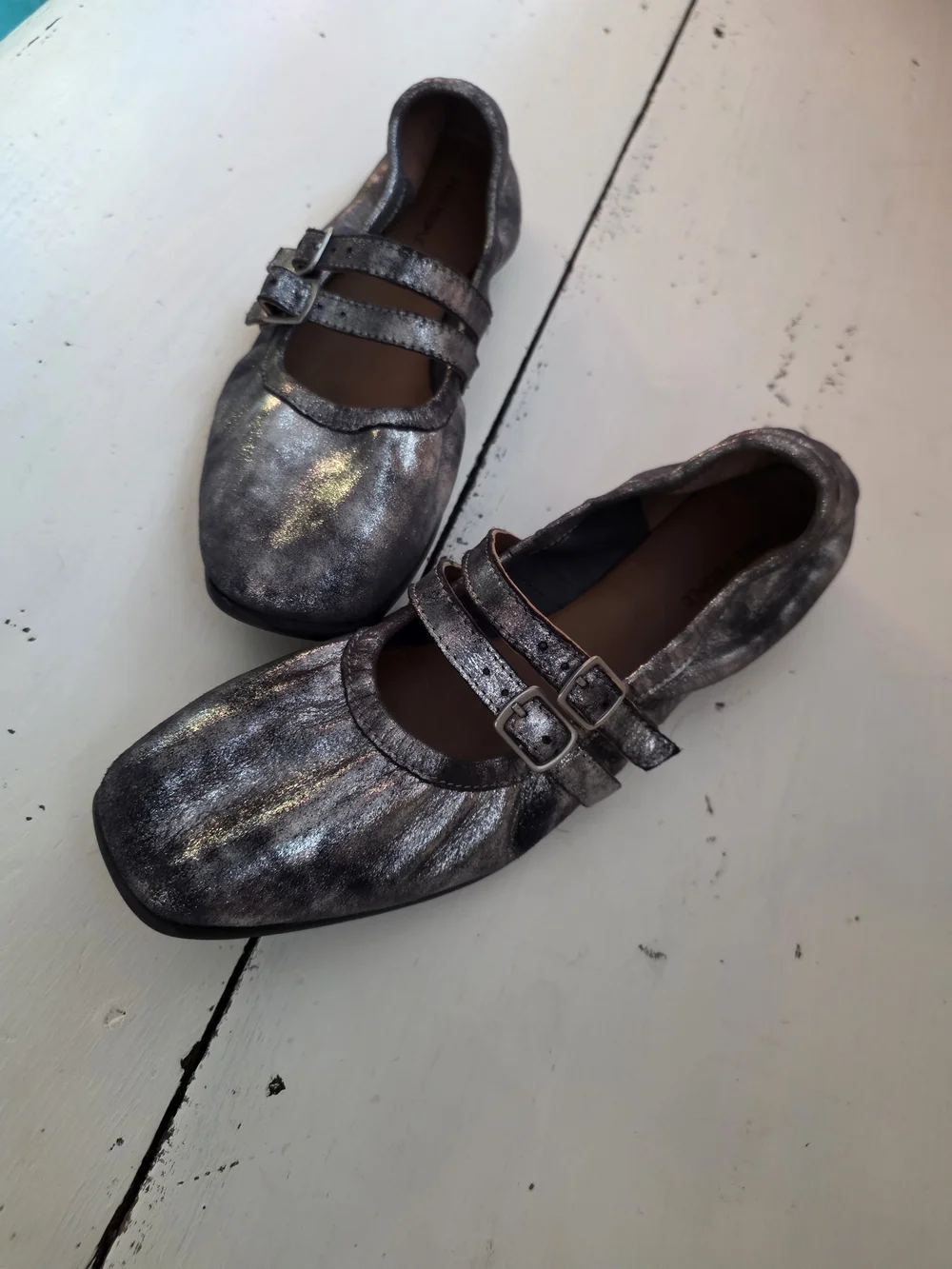 Silver Metallic Mary Jane Ballet Slippers, Flat with Double Buckle